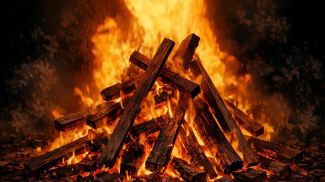 A fiery bonfire burning brightly with logs piled in a pyramid shape on top of the embers, emitting orange and yellow flames against dark background.
