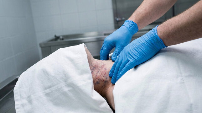 Coroner inspecting strangulation marks and trauma on dead body neck close up