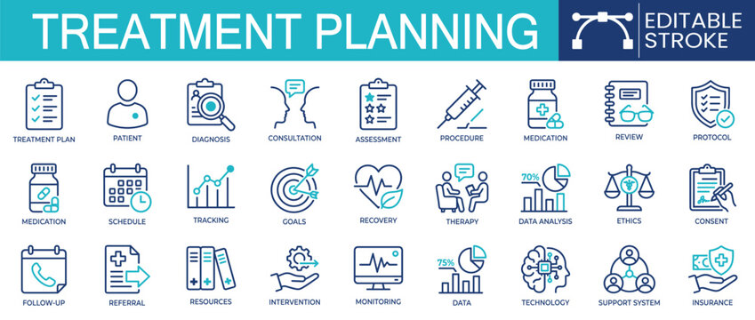 Set of 27 outline icons related to treatment planning. Containing patient, diagnosis, medication, therapy, monitoring and more. Linear icon collection. Editable stroke. Vector illustration