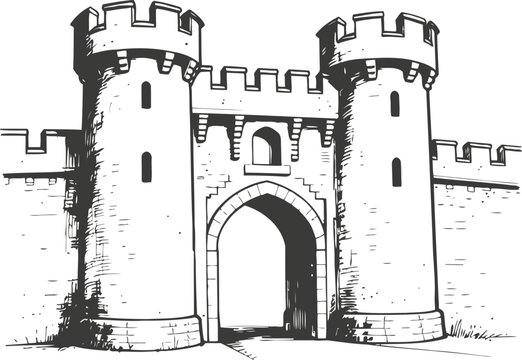 Medieval castle gate with two cylindrical towers and arched entry, black and white drawing
