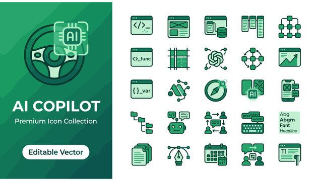 Ai copilot premium icon collection, artificial intelligence and software development vector icons set for web and mobile app design