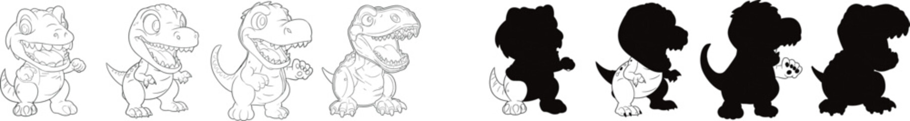 Set of Cute Cartoon Dinosaur Icons Featuring Tyrannosaurus Rex in Outline and Silhouette Styles © MstLata