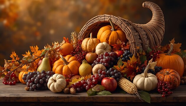 Festive Thanksgiving Cornucopia Overflowing with Fresh Autumn Harvest Produce