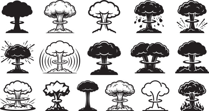 Mushroom cloud explosion icons set featuring various blast styles and shockwave effects in black and white vector