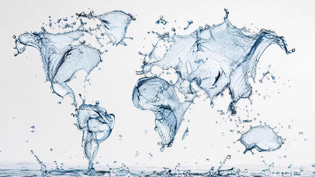 Dynamic world map created from refreshing water splashes and translucent blue liquid droplets symbolizing global environment and ecology