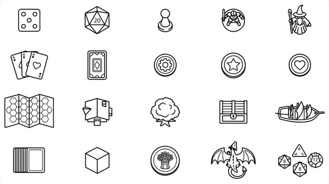 Tabletop game icons with dice a dragon a wizard and cards on white