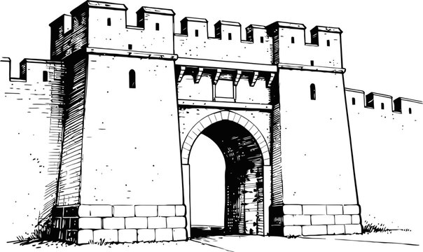 Ancient fortress gate with stone walls and arched entrance, historical architecture illustration