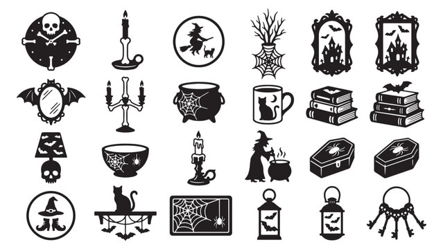 Textless Haunted Living Room Decor Silhouette Pack, Thick Black Halloween Home Clipart Vectors