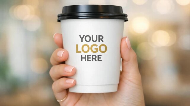 Hand holds coffee cup with placeholder text. Soft bokeh lights blur background gently. White cup and black lid stand out clearly. Natural grip shows casual, everyday use. Focus stays sharp on cup