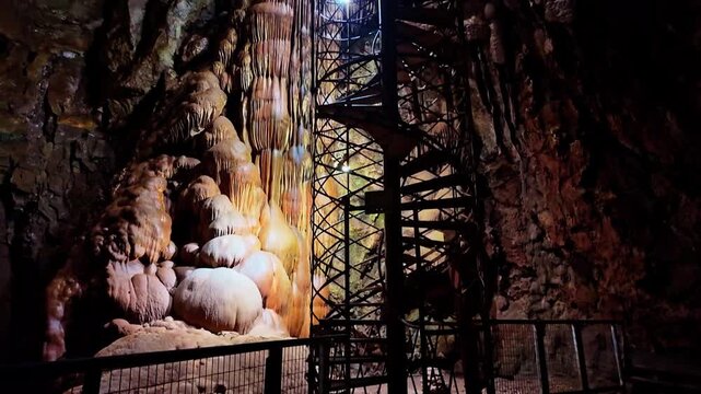 Illuminated stairway spirals through the dramatic rock formations of Moaning Caverns
