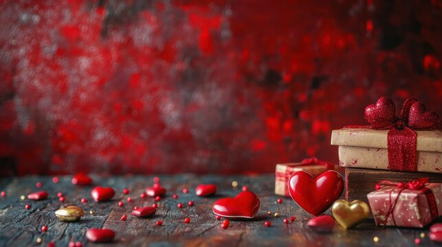 Valentine's Day gifts, red background, wooden table.  Possible use Stock photo for holiday or gift related advertisements
