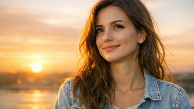 A beautiful woman stands near the water at sunset, looking off into the distance with a serene smile. She wears casual denim and a necklace, her long hair flowing in soft waves.