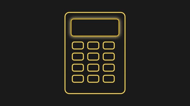 Neon calculator icon with glowing gold outlines, digital accounting symbol on black background, financial math and banking concept animation