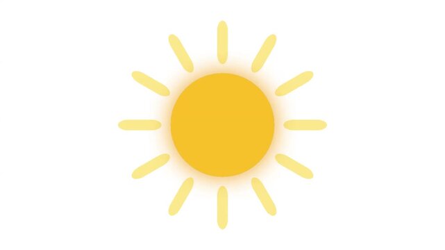 Minimalist yellow sun icon with rotating rays, flat vector animation of shining sun on white background, bright summer weather symbol for motion graphics