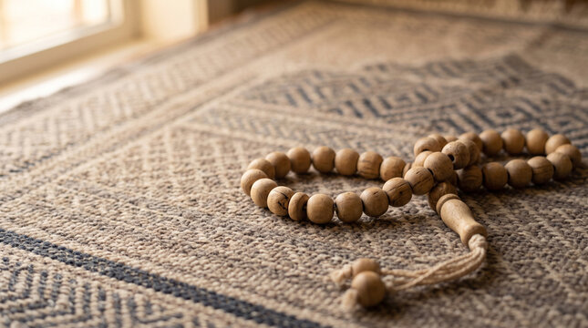 Wooden Prayer Beads Resting on Prayer Rug in Soft Morning Light