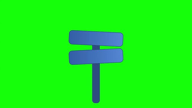 Blue wooden signpost animation on green screen, blank directional road sign for compositing, rustic wooden billboard icon with chroma key background