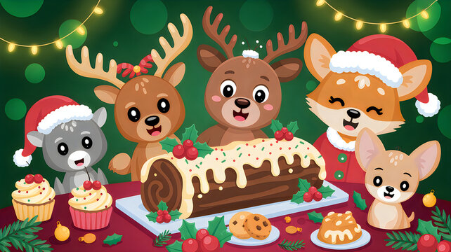 Cute animals celebrating christmas with a delicious chocolate yule log cake