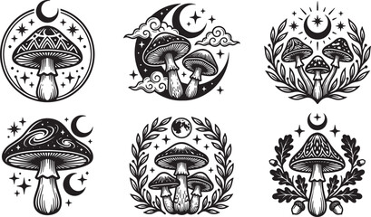 Naklejka premium Set of mystical mushroom illustrations with celestial elements and botanical frames in a hand drawn vector style