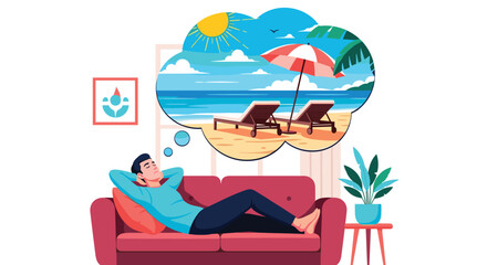 Obraz premium Tired man rests on a comfortable red sofa while dreaming of a relaxing vacation on a tropical beach with palm trees and ocean views.