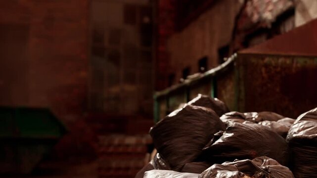 A stack of garbage bags sits near a dumpster in an urban setting. The area shows signs of neglect, with trash scattered around and buildings in the background. Visible debris adds to the scene.