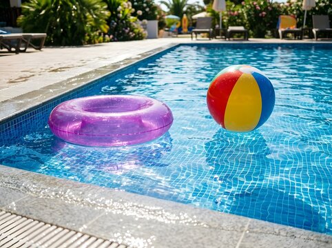 Colorful beach ball and purple inflatable ring floating in swimming pool