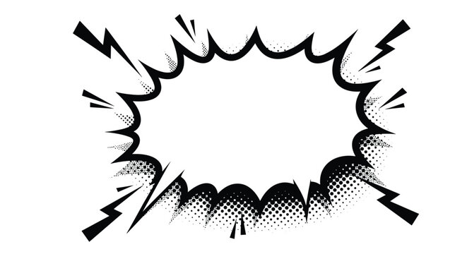 Classic comic book style explosion speech bubble with halftone dots and lightning bolts for high impact graphic design and pop art.