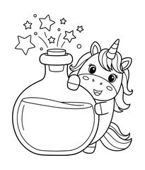 Obraz premium Magical Unicorn Hugging Potion Bottle with Stars and Sparkles Outline Drawing for Coloring Book