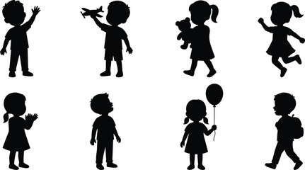 Vector silhouette set of cute little boys and girls playing jumping waving and holding toys for kids design