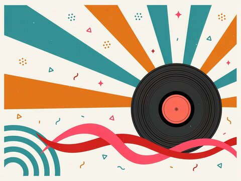 Retro vinyl record abstract geometric background featuring colorful shapes vintage music design nostalgic entertainment poster creative artistic composition style
