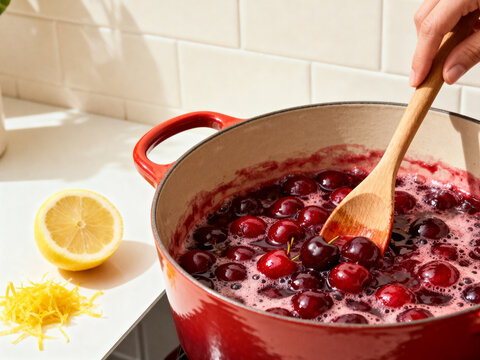 Stirring Cherries in a Pot on Kitchen Countertop