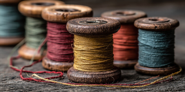Assorted colorful thread spools on a wooden surface