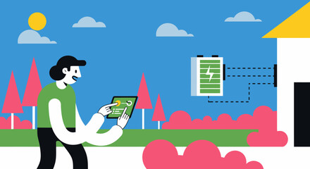 Obraz premium Man using tablet to monitor home energy battery storage vector illustration