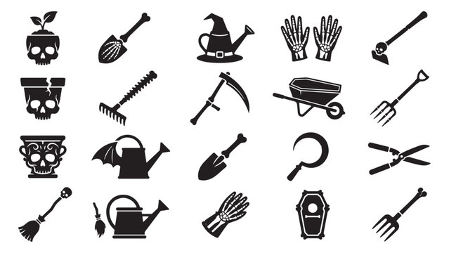 Blank Witchy Garden Tools Silhouette Pack, Strong Black Halloween Backyard Graphic Clipart