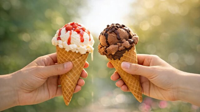 Two hands hold ice cream cones outdoors. Soft sunlight glows behind greenery. One cone has vanilla with strawberry drizzle. The other has chocolate ice cream. Waffle cones appear crisp and golden