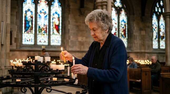 Elderly woman lighting candle in church with stained glass windows.