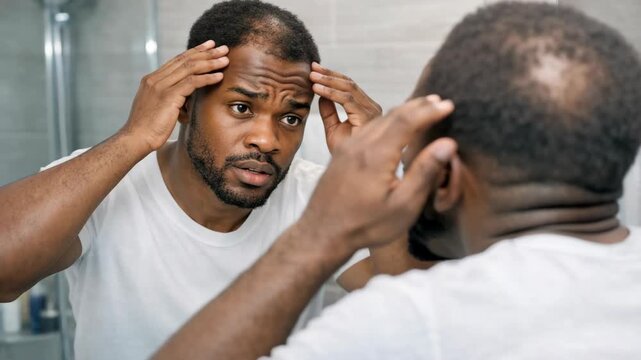 A man getting a haircut from another man who is a barber. The hairstylist is reflected in the mirror above the sink while working on his client's hair.