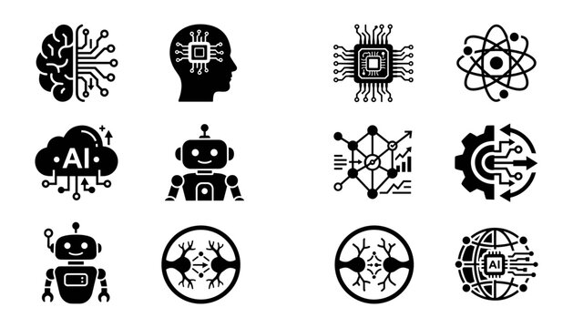 Artificial Intelligence Icons Depicting Technology, Robotics, and Futuristic Concepts Featuring Concept, Design, Vector