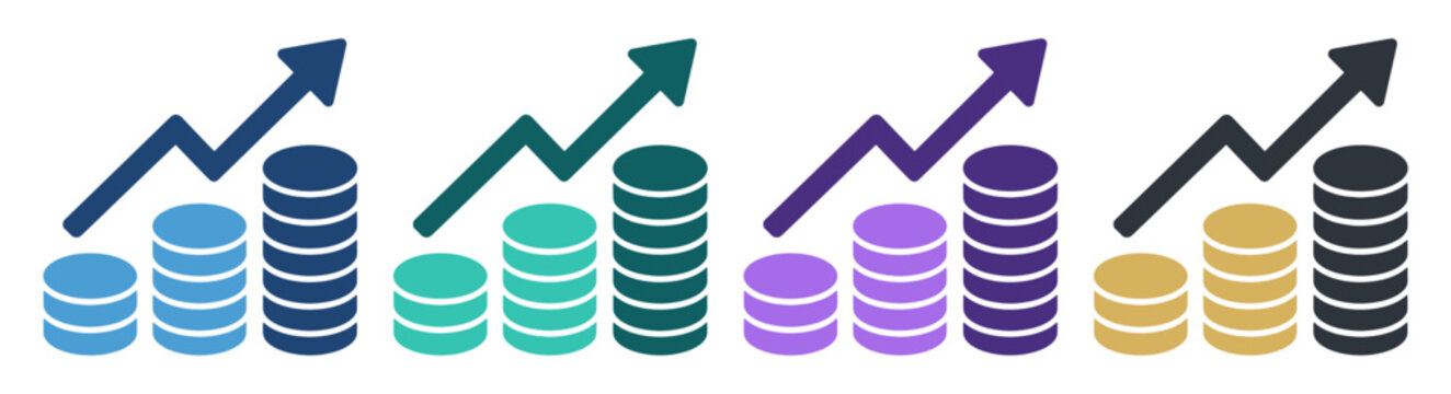 growth chart rising coin stack icon set on transparent background