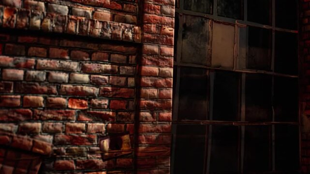 A brick wall shows wear and tear with patches of paint. A large window has broken glass and dirt. The scene takes place inside a warehouse during the night, creating a dark atmosphere.