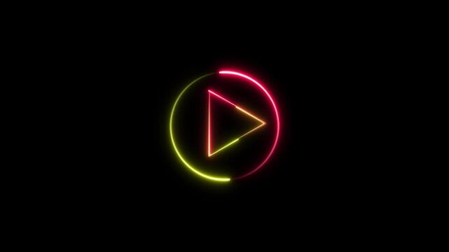 Glowing neon play button icon animation with circle on black background. Start button icon