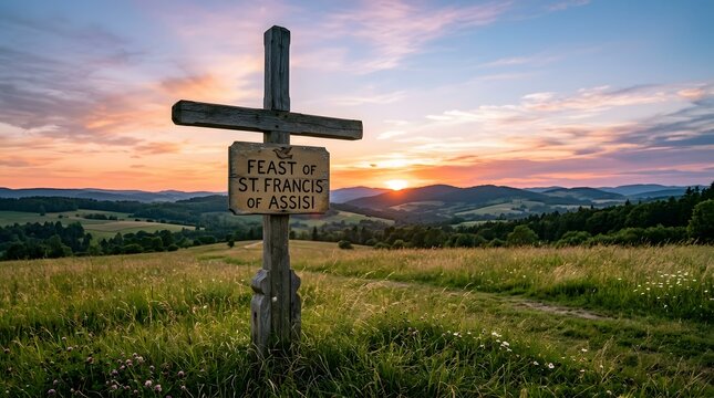 Feast of St Francis of Assisi signpost at sunset in rural landscape.
