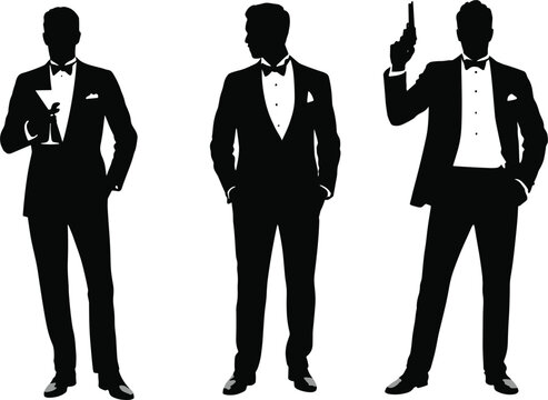 Silhouettes of Three Men in Tuxedos Posing with Martini and Gun Keywords: men, silhouettes, tuxedos, formal wear, suits, martini