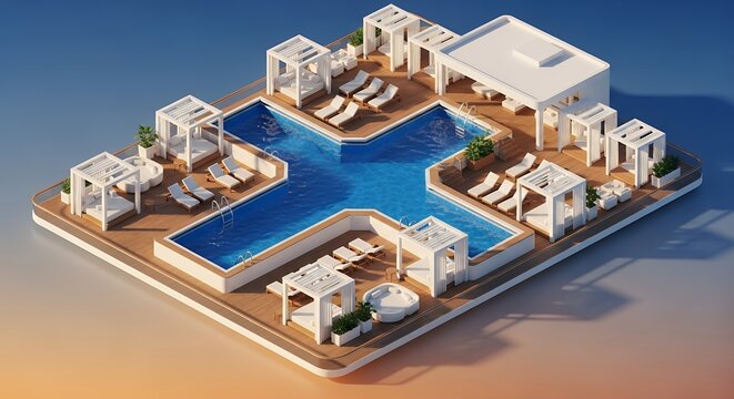 Luxury modern outdoor swimming pool resort design with white cabanas and sun loungers