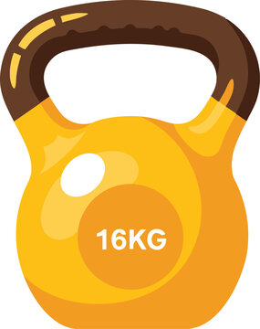 Flat vector illustration of a yellow sixteen kilogram kettlebell for fitness and strength training.