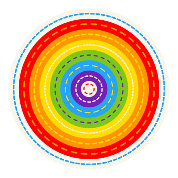 Rainbow Circular Mandala Pattern with Vibrant Concentric Circles and dashed lines, joyful colorful background, vector illustration