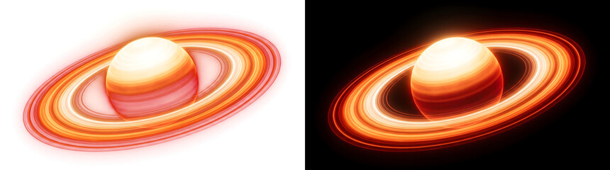 Ringed Planet glowing orange sphere surrounded by bright saturn like rings for astronomy and science designs in PNG, Transparent and Black Background Versions © Graphic Assets