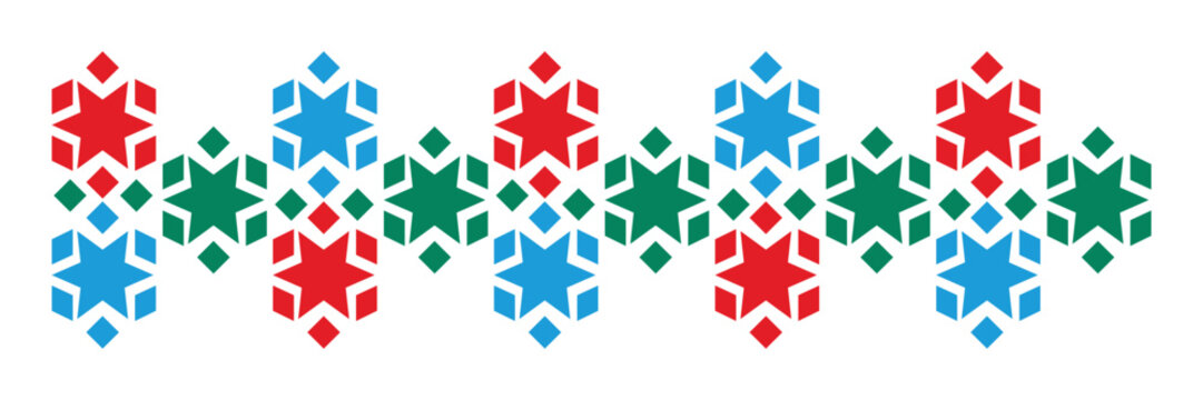 Star pattern border with repeating decorative shapes in red blue and green colors for festive design projects and holiday decoration on a transparent background
