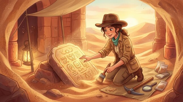 Young female archaeologist discovers ancient hieroglyphic stone tablet in desert ruins with brush and tools