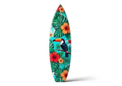 Tropical surfboard with colorful bird and flowers design