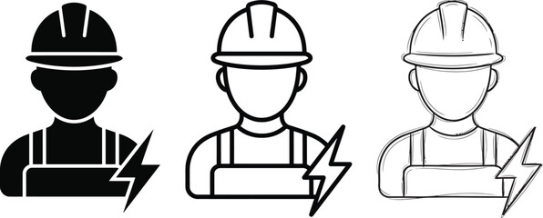 Electrician or power utility worker icon with safety helmet and bolt in three styles hard hat job role electrician electricity construction © Jannatul Ferdous